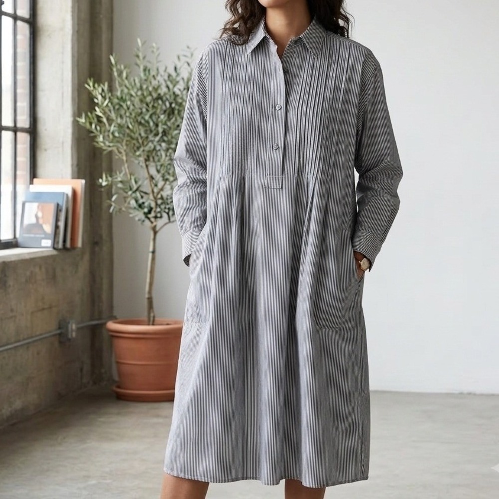 Lorenzini Italy Striped Cotton Pleated Shirt Dress Black White Women Sz US10 M-L
